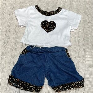 Build a Bear animal print denim jeans & T-shirt heart collar cuffs pocket detail